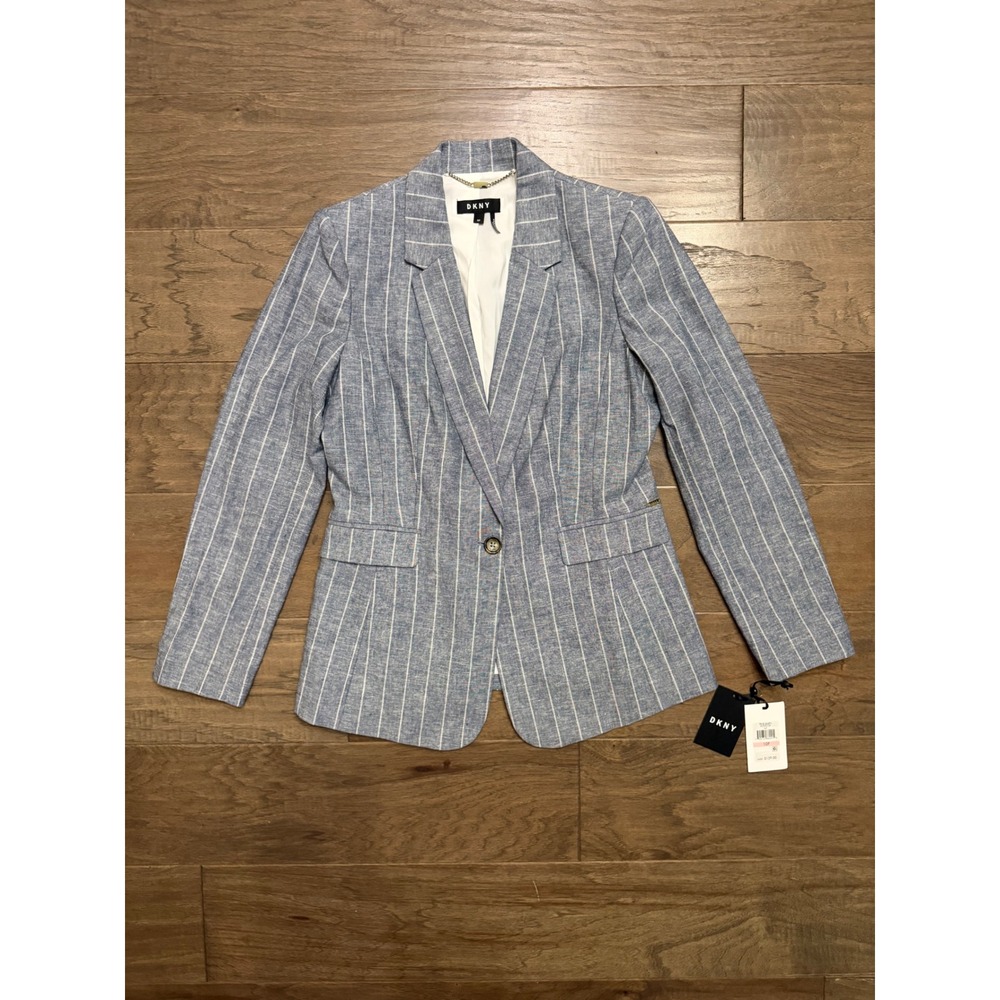 NWT DKNY Blazer Women 10P Blue Cotton Linen Pinstripe Petite Professional Jacket